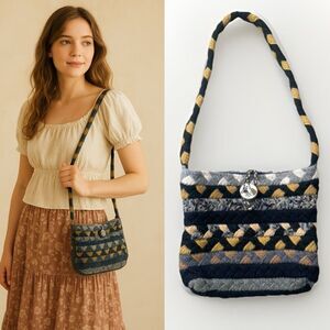 Vintage Handmade Braided Wool Shoulder Bag Patchwork One-of-a-Kind Cottagecore